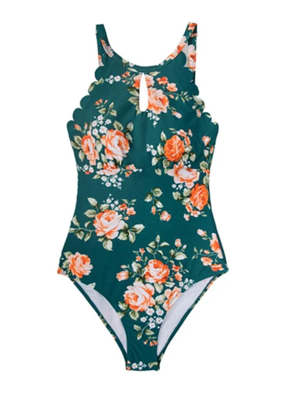 Sleeveless U Neck Floral-Print Hollow Swimwear For Women 1 Piece Swimsuit Hanging Neck Beach Wear Beach Exit Sexy / New 2023