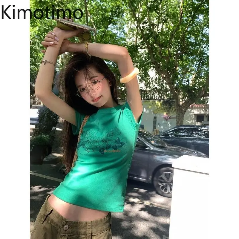 Kimotimo Summer Print Short Sleeve T-shirts Women American Retro Slim Fit Chic Crop Top Round Neck Casual Versatile Y2k Tees Ins
