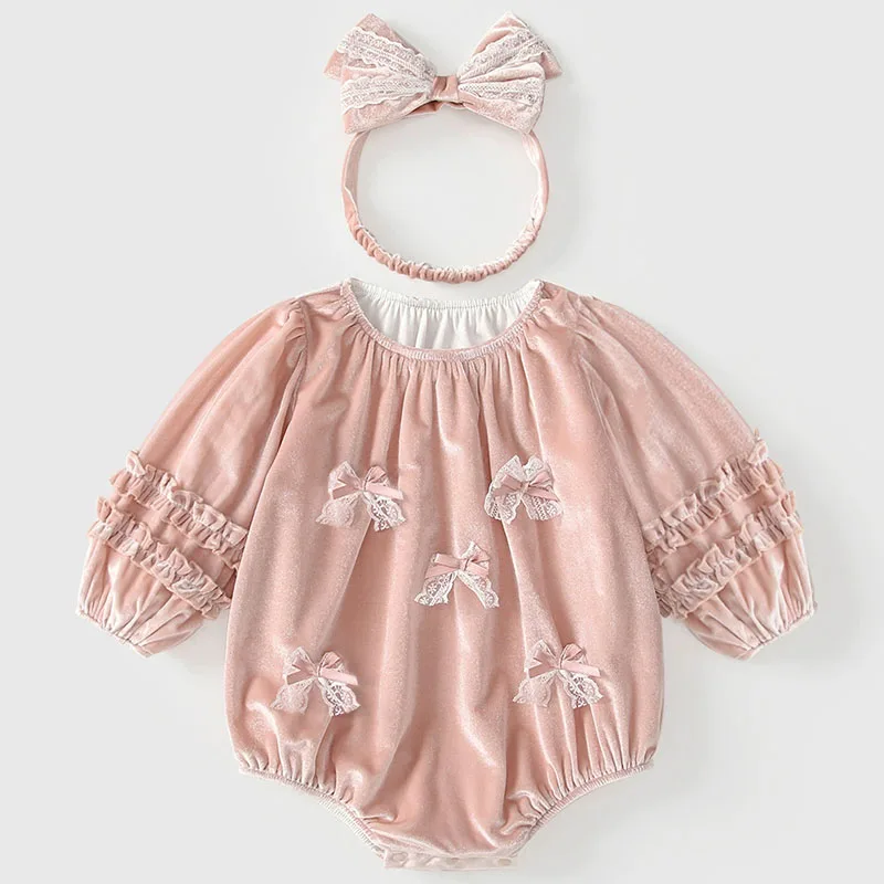 

2026 Spring Autumn Newborn Girls Clothes Korean Fashion Cute Bow Velvet Long Sleeve Pink Jumpsuits+Hairband Bodysuits Sets B249