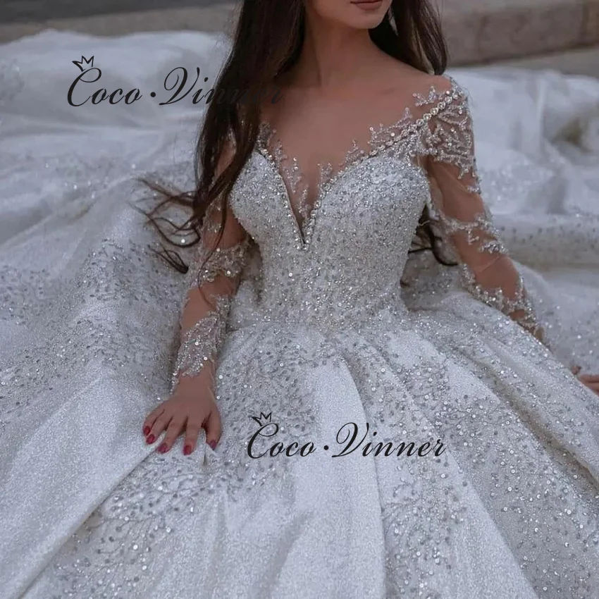 

Роскошные арабские свадебные платья с длинным шлейфом по индивидуальному заказу, бальное платье, блестящий тюль, кружевные аппликации из бисера, качественное платье невесты W1437