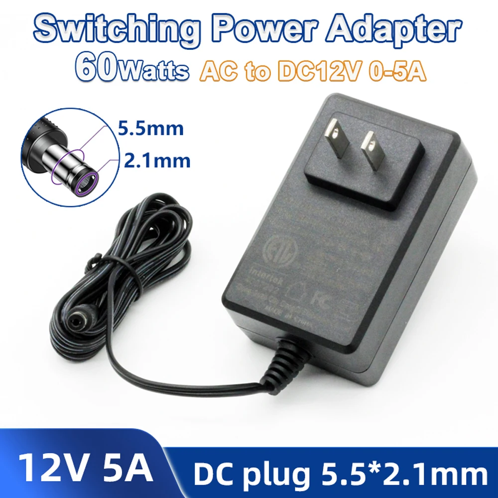 US high-quality power adapter AC100-240V to DC12V 12W/36W/60W 1A3A/5A 5.5x2.1mm DC power plug for router LED light strips, etc.