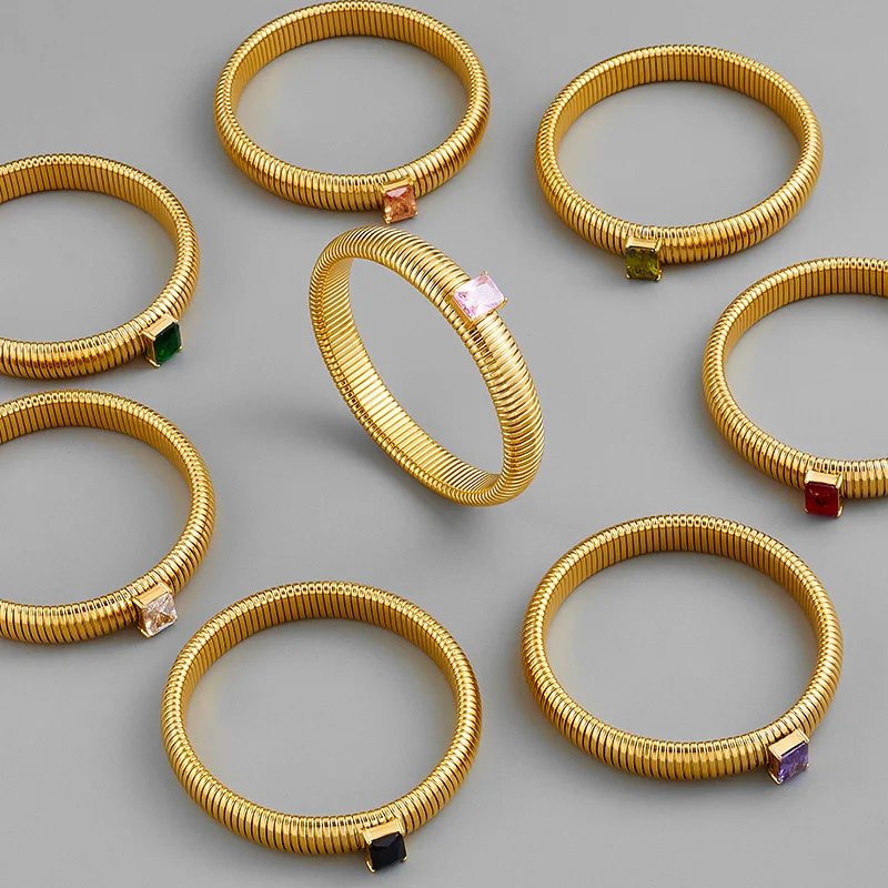 Colored gem stone elastic wide bangles stainless steel bangles for women simple elegant stainless steel jewelry new in