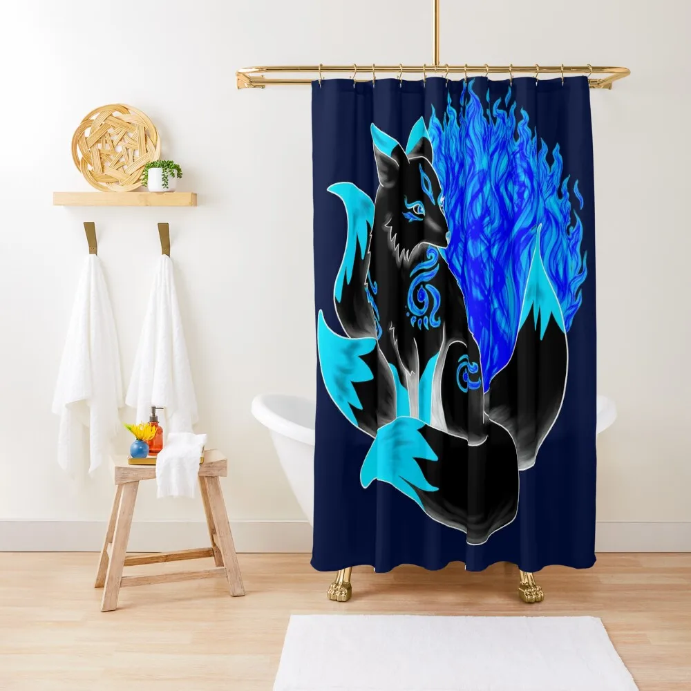

Inverted Black Kitsune Fox with Dark Blue Foxfire Shower Curtain Waterproof Shower For Bathrooms With Beautiful Designs Curtain