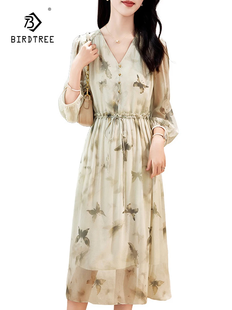 BirdTree, 100%Real Silk Elegant Dress, Women Long Sleeve V Neck Butterfly, Vacation Retro Dresses, 2024 Summer Autumn D46045QC