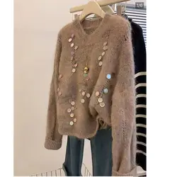 Women Vintage Sequins Hollow Chic Soft Knitted Sweater Winter Solid O Neck Long Sleeve Loose Pullover Tops Y2K Streetwear Jumper