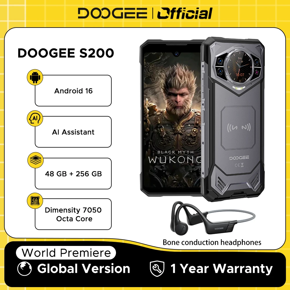 Estreno mundial DOOGEE S200 5G teléfono resistente 6,72 "120Hz pantalla 48GB RAM 256GB ROM 100MP AI cámara principal 10100mAh Android 16 NFC