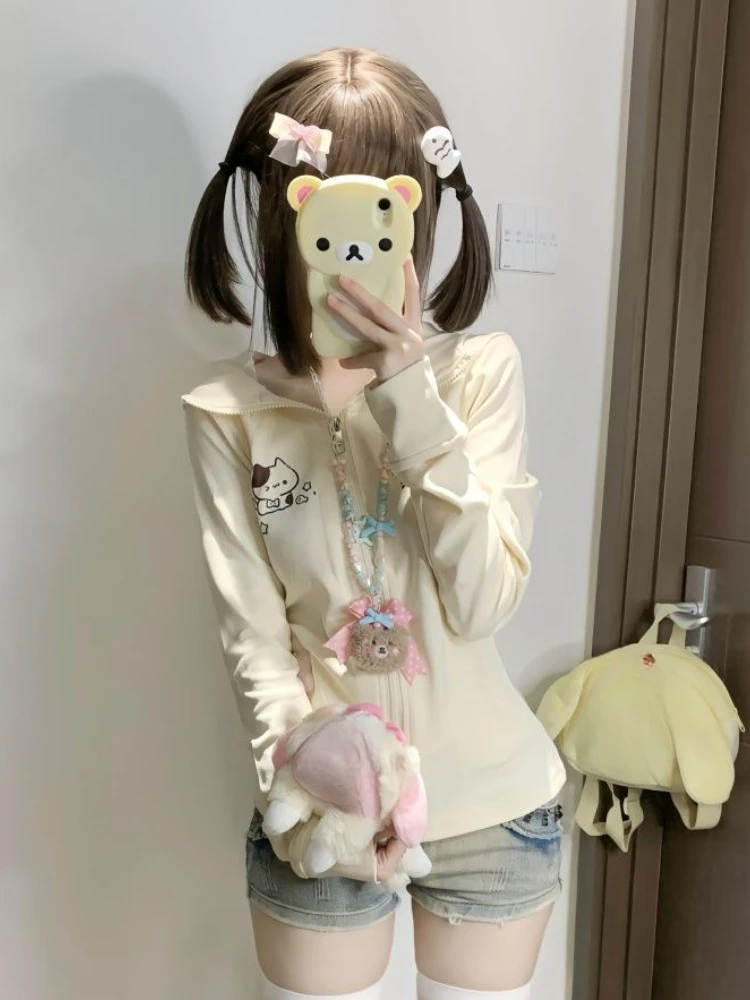 QWEEK Sweet Japanese Harajuku Kawaii Hoodies Women Y2k Coquette Cute Cartoon Print Zip Up Zipper Sweatshirt 2024 Autumn