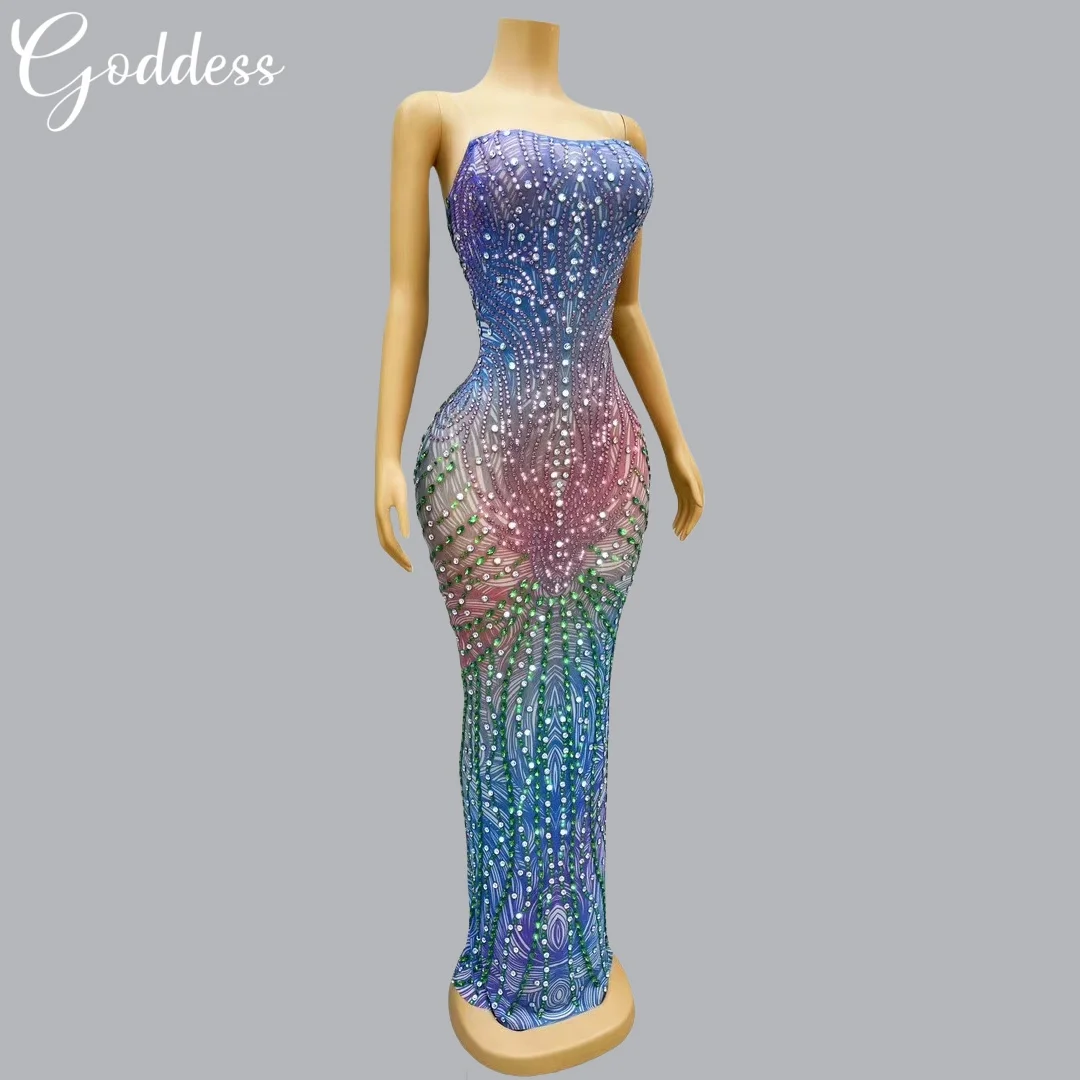 High-end Sparkling Crystal Strapless Colorful Dress Wedding Birthday Party Evening Dress Bar Nightclub Stage Performance Costume