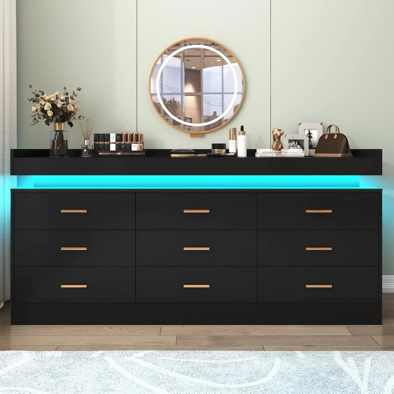 9 Drawer Dresser with LED Light and Charging Station, Modern Chest of Drawers for Closet, Wide Drawer Organizer Cabinet