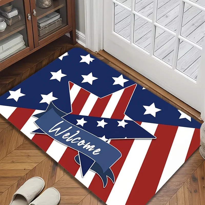 Patriotic American Flag Door Mat, Stars & Stripes Welcome Rug, USA Independence Day Decor, Non-slip Entrance Floor Mat Red White
