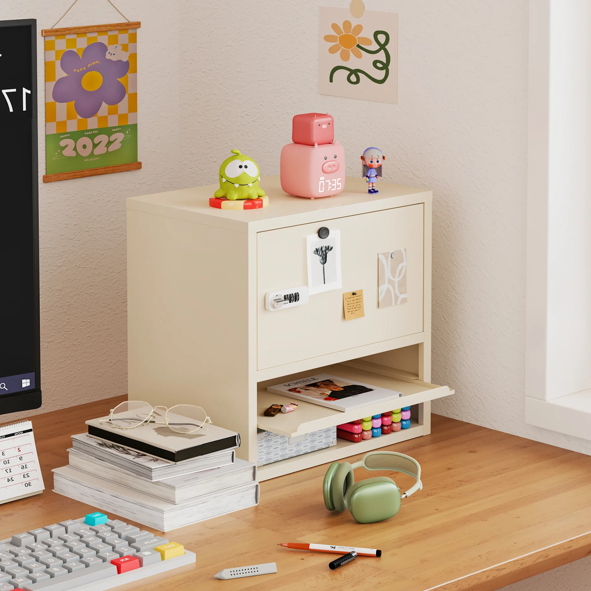 re-Cream style tabletop tin cabinet lockbox with drawing tray storage password lock document storage rack drawing safe-
