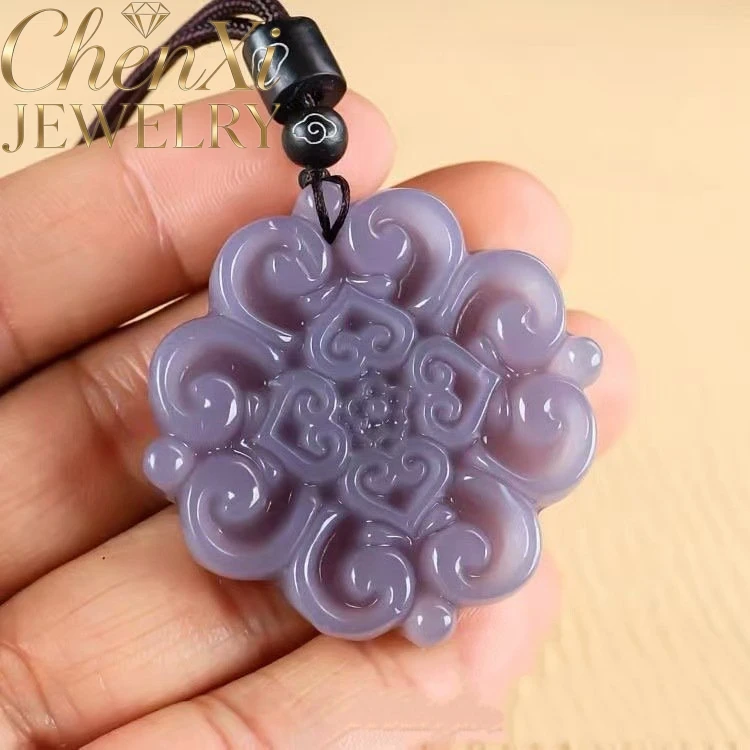 Hetian Smoke Purple Jade Pendant Necklace Guanyin Cloud Lock Nine-Tailed Fox with Chinese Knot Hand Carved Lucky Charm Exquisite