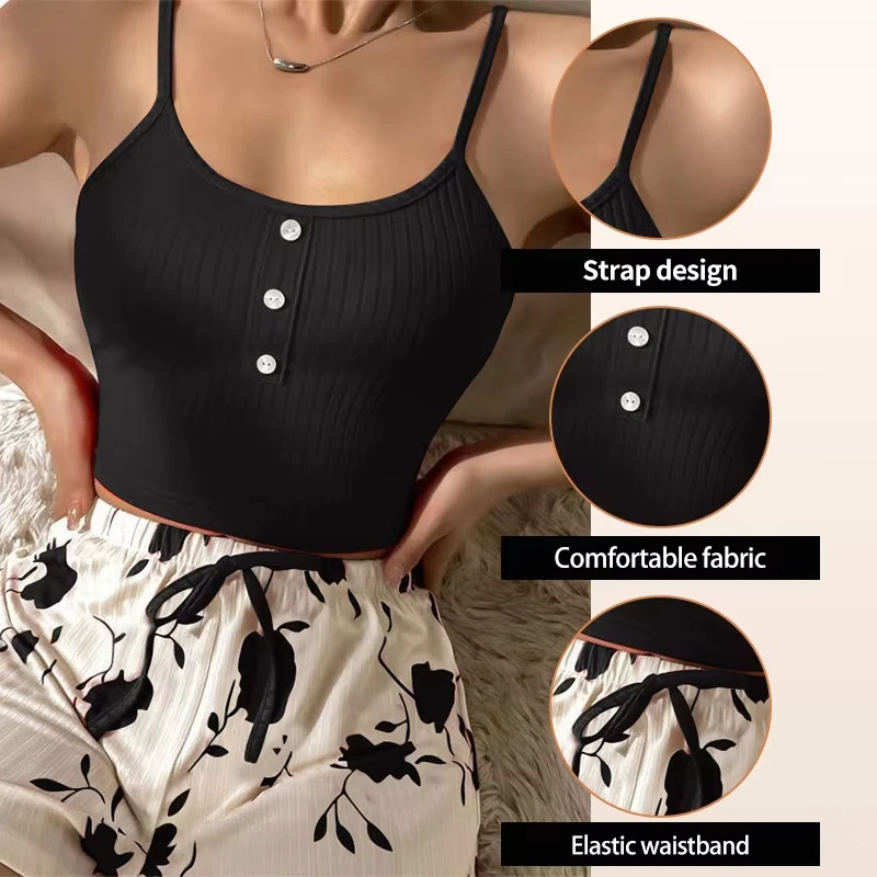 Women\'s Summer Short Sleeveless Groove Knitted Camisole Top and Printed Shorts Women\'s Two-Piece Pajama Set