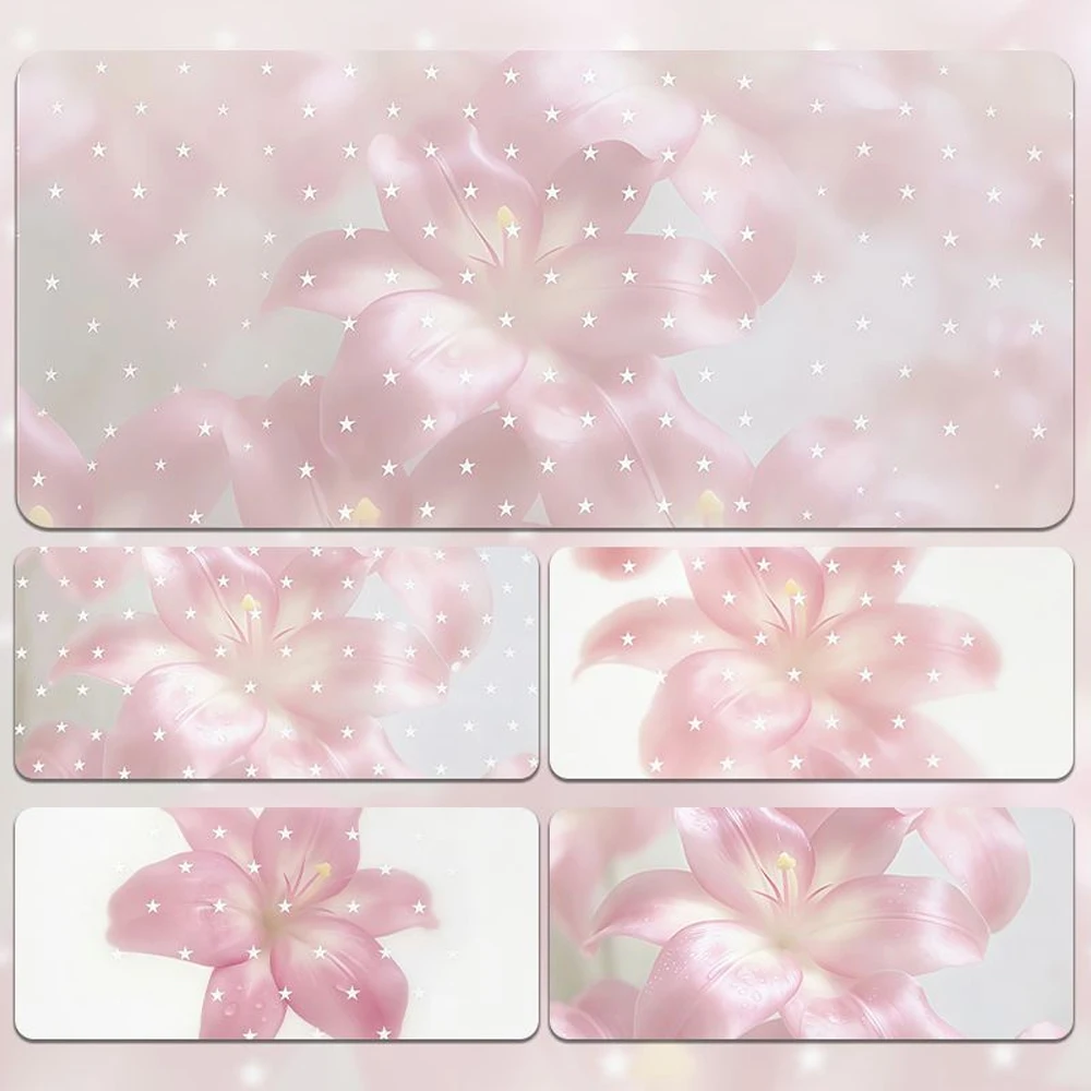 Pink Stars Lily Flower Premium Rubber Mouse Pad Gaming Large Small Laptop Deskmat Keyboard Mat Stitched Edge Non-Slip Desk Pad