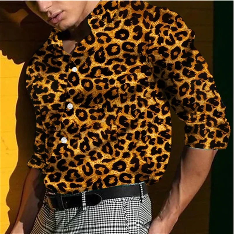 Harajuku Street Hip Hop Leapord Print Shirts For Men 2024 New Fashion Party T-shirt Womens Clothes Lapel Buttons Tops Clothing