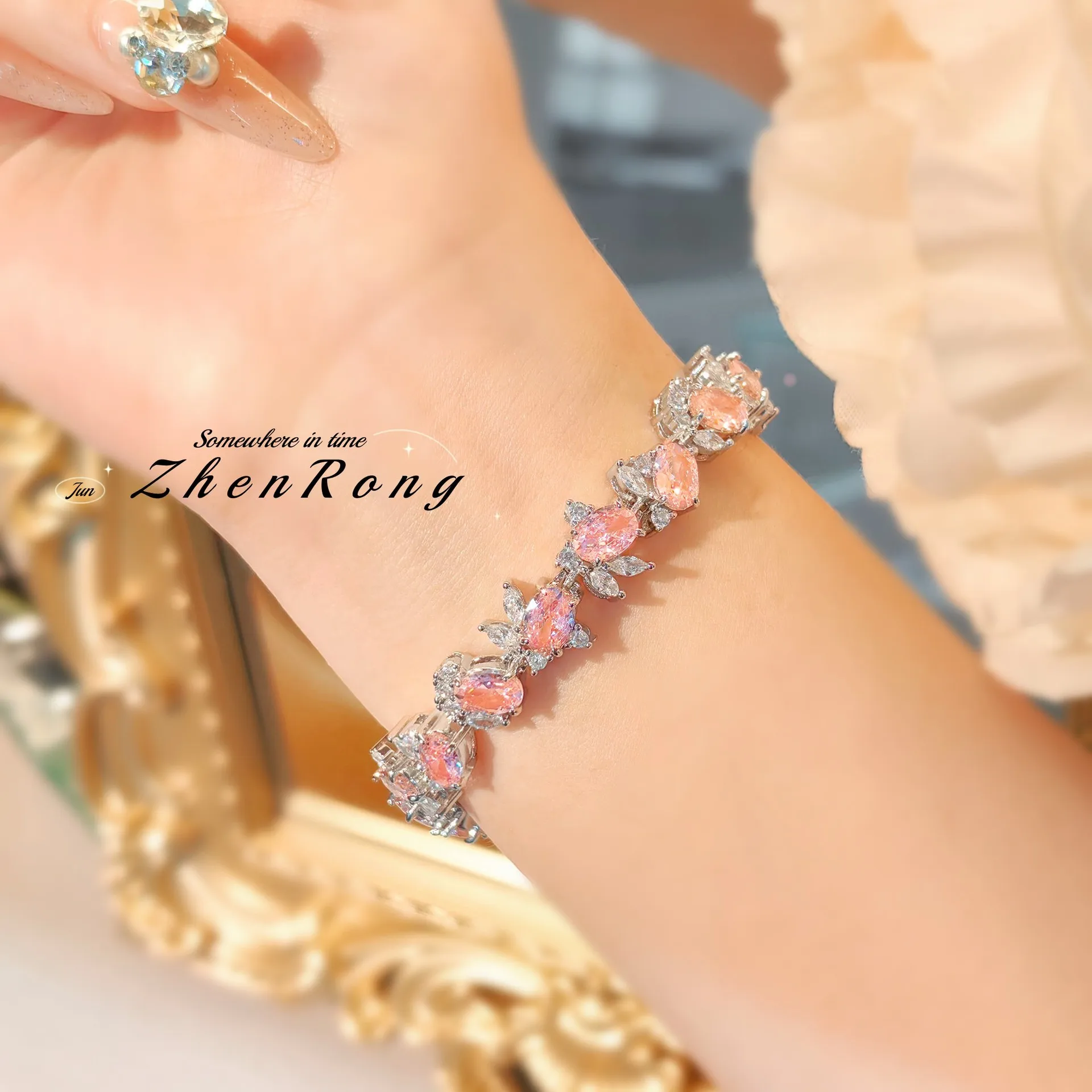 Exquisite Beautiful Pink/Yellow Flower Connected Cubic Zircon Crystal Tennis Bracelets Silver Color Wedding Jewelry For Women