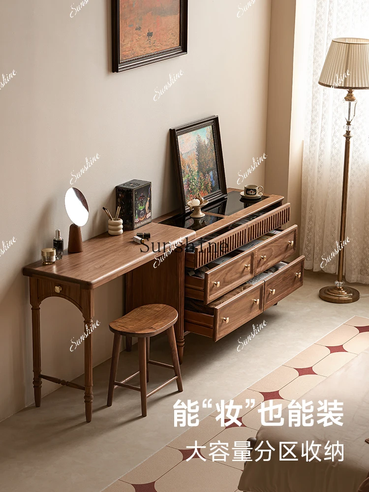 

Black walnut solid wood dresser chest cabinet integrated French retro retractable bedroom makeup table FT