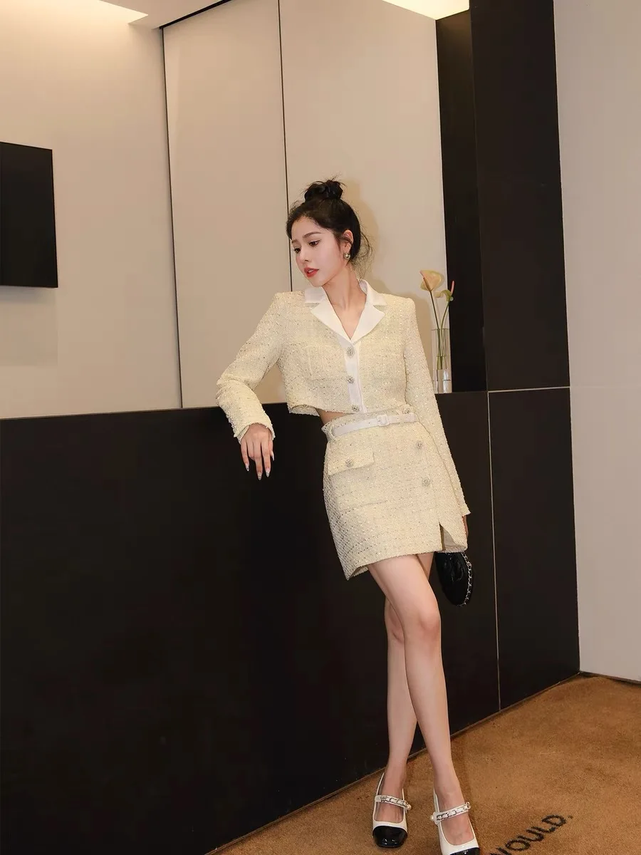 2024 Early Autumn New Classic Style Cream Yellow Tweed High-end Socialite Short Jacket Skirt Set for Women in Stock High Quality