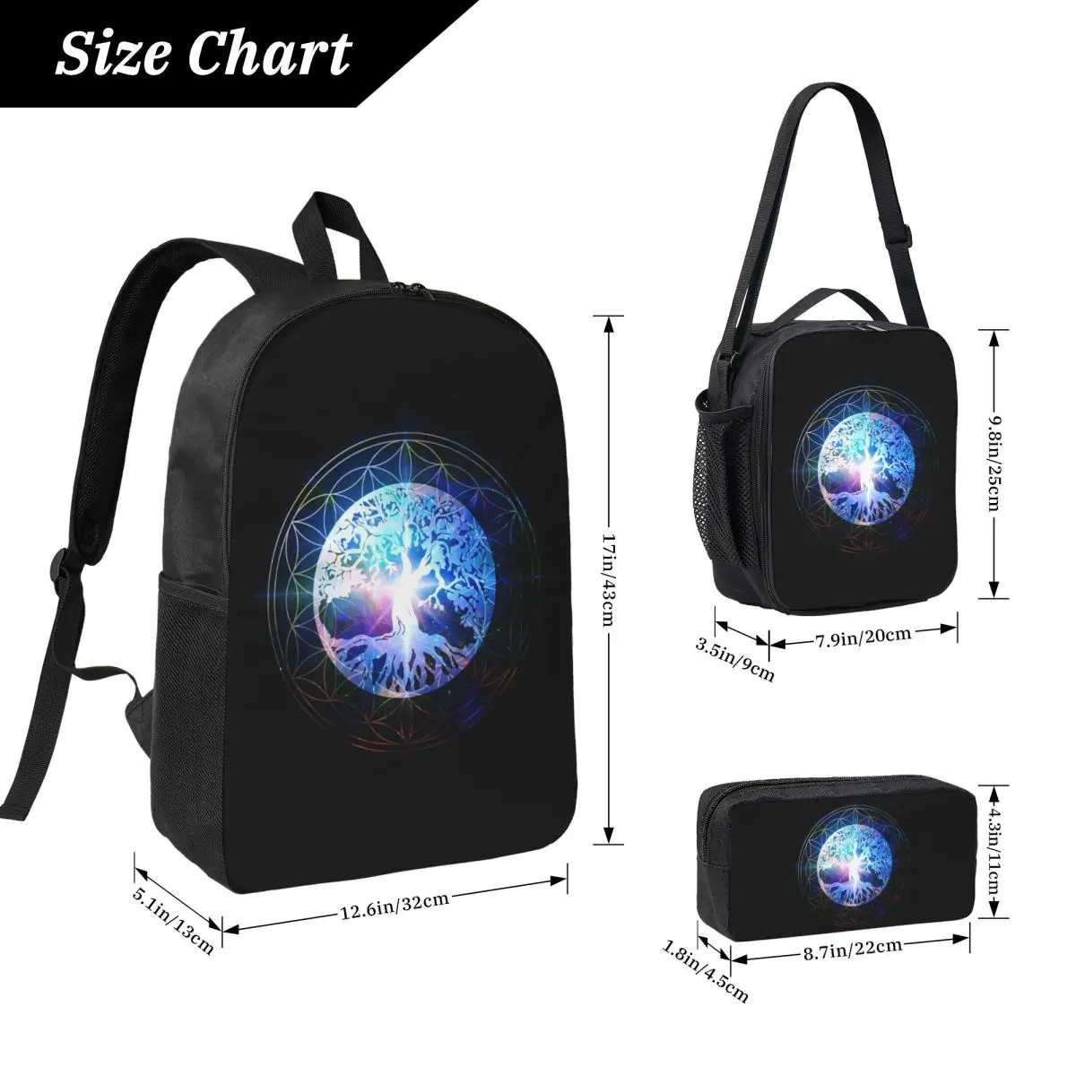 Tree Of Life Mandala Backpack Student BookBag School Bag Computer Shoulder Bags 3ps Insulated Lunch Bag Pencil Case