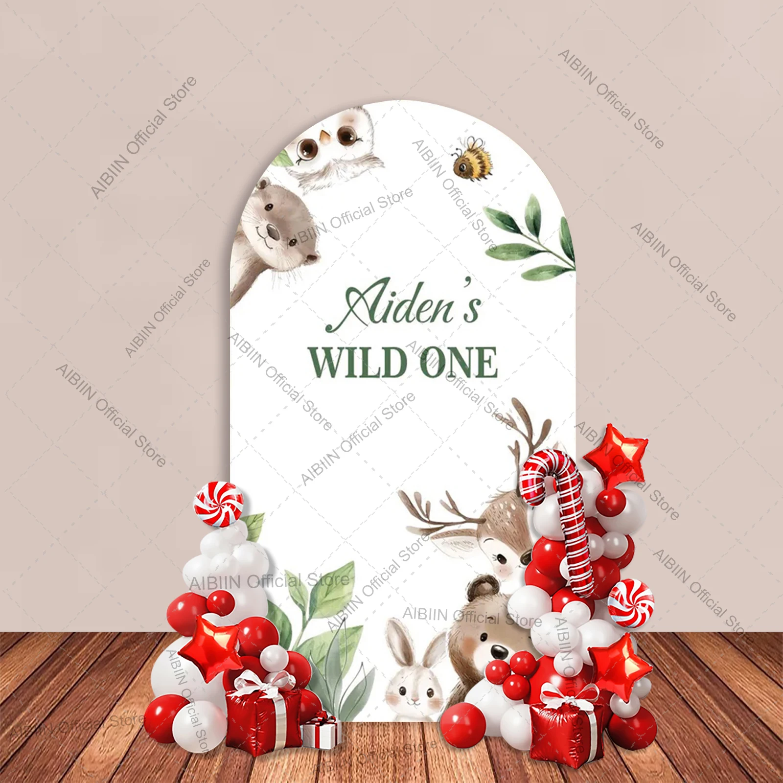 Custom Name Wild One Arch Backdrop Cover Safari Jungle Animals Zebra Elephant Giraffe Kids Birthday Party Decor Background view 2