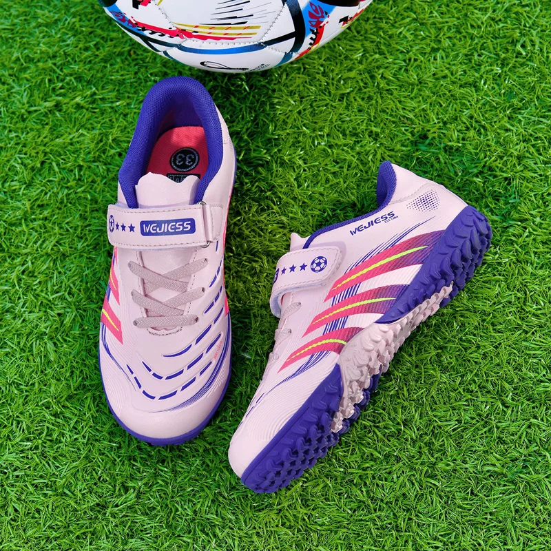 Sepatu Latihan Sepak Bola Pink Super Star Fashion untuk Anak-anak, Sepatu Futsal Profesional Indoor dengan Perekat Hook-loop untuk Anak