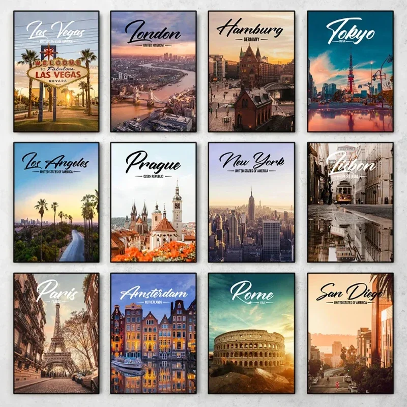 المدن العالمية الشهيرة الملصقات لندن باريس نيويورك أمستردام روما المشهد حائط لوح رسم الفن لغرفة المعيشة ديكور المنزل