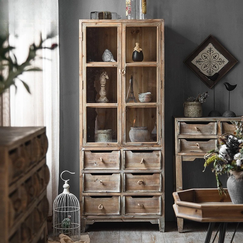 Simple retro solid wood dining side cabinet personalized living room kitchen storage cabinet creative bookcase bed and