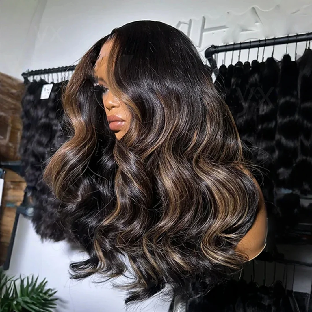 Highlight Brown Wave Glueless 180 Density Jewish Human Hair Wig 5x5 Silk Base with Baby Hair HD Lace European Style Preplucked