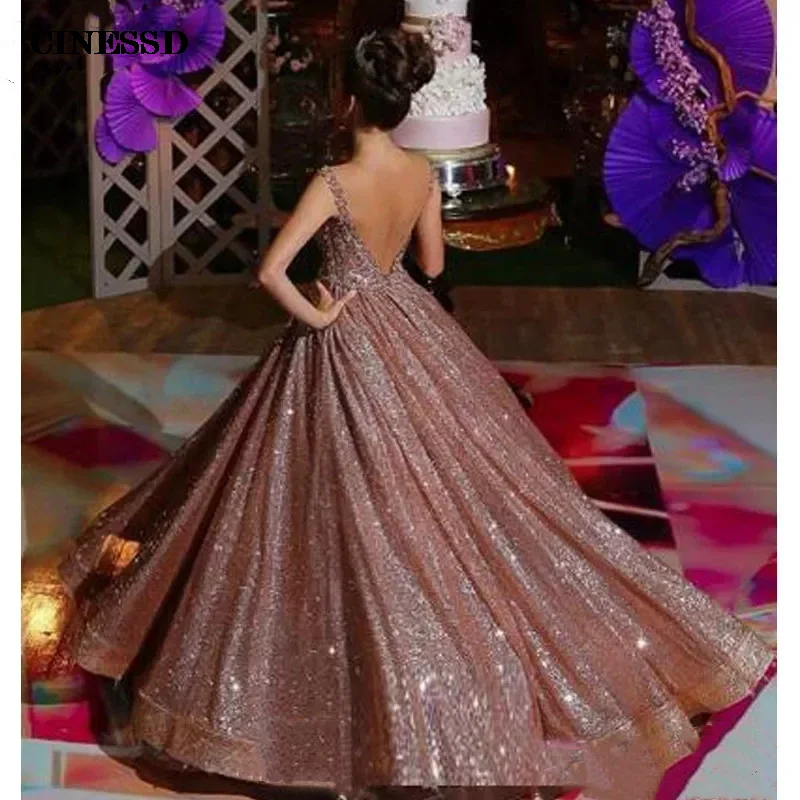 

Modern Rose Gold African Reflective Quinceanera Dresses Beaded Crystals Backless Sequined Prom Gowns Sparkly Formal Party Dress