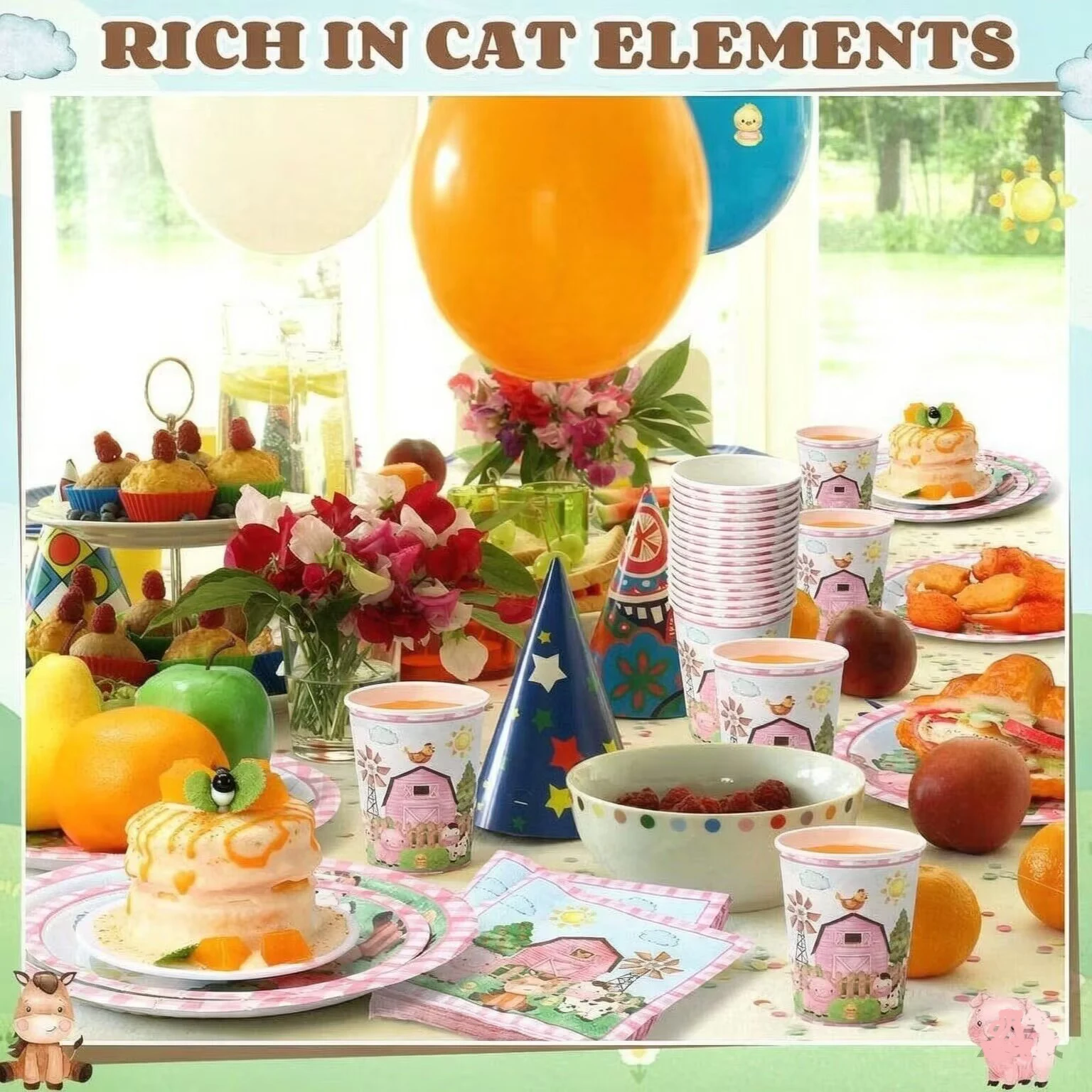 Neues Rosa Bauernhof-Tier Themen-Einweggeschirr, Pappbecher, Teller, Servietten, Tischdecken, Kindergeburtstags-Partyzubehör – Detail 7