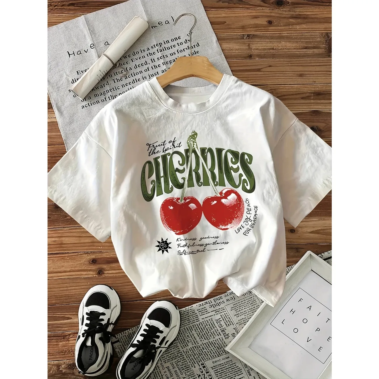 Cotton Women Cherry T-Shirt with Heart Cherries Graphic Print O-Neck Tops Tees T Shirt Short Sleeve Clothing Female Casual