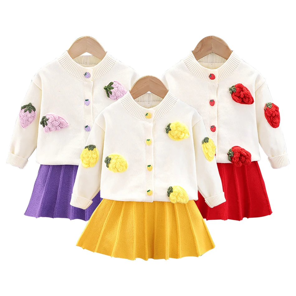 Girls Long Sleeves Knitted Sweater Cardigan+Short Skirt Set Girls Fashion Casual Two-Piece Set Comfortable Soft Children Sets