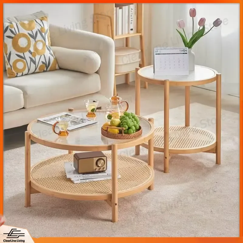 Modern Minimalist Nesting Coffee Table Set Glass Top Wood Frame Storage Living Room Furniture Small Space Home Decor Accent