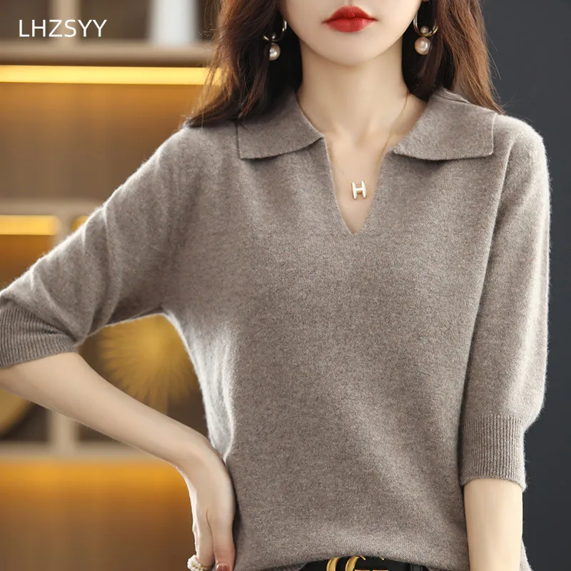 2024 Spring New Cashmere Sweater Women's T-Shirt 100% Pure Wool Knitted Sweater Loose lapel Top Thin Pullover Short-Sleeve Trend