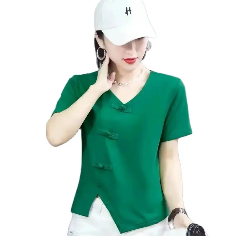 Spring Summer Short Sleeves T-Shirt Women 2024 New V-Neck Pure Colour Vintage TOP Fashion Coil Buckle Pullover Blouse Female