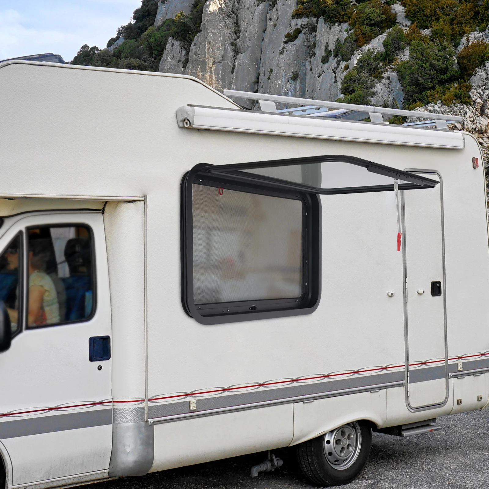 Modern Rectangular RV Exit Window Replacement with Trim Ring and Screen Push Out Glass Camper Window for Vehicles, Trailers