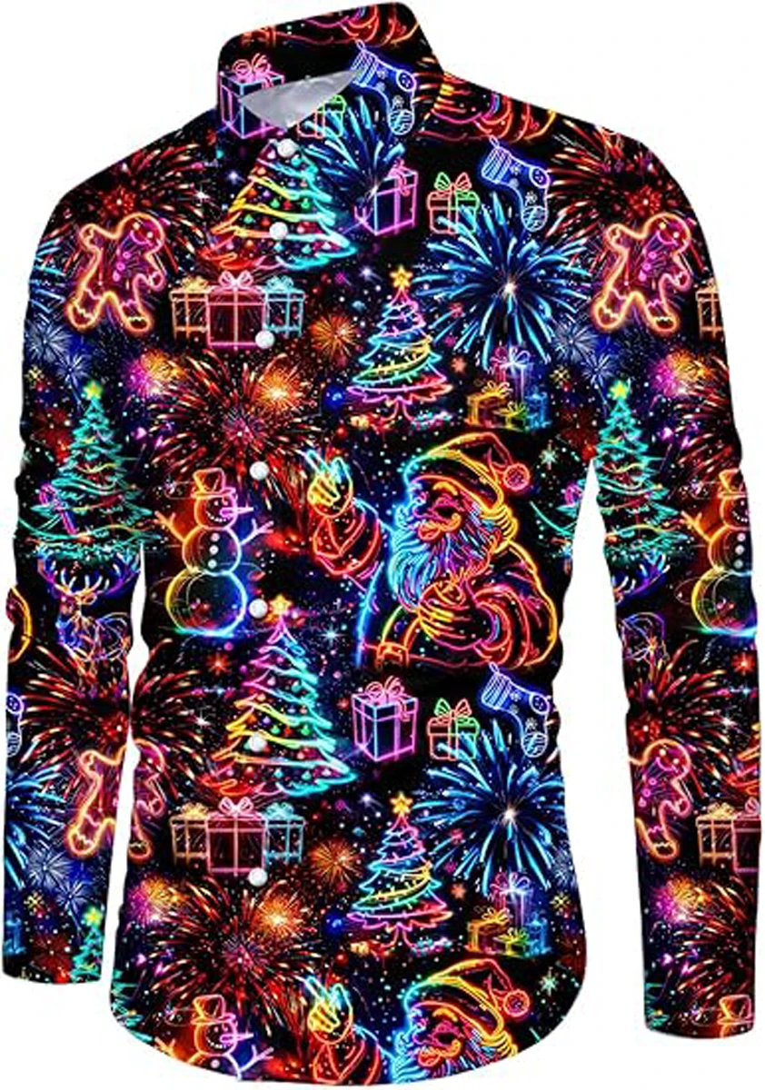 

2025 New Men's Christmas Imitation Dress Pattern 3D Printed Shirt Long Sleeved Lapel Hawaiian Casual Shirt Outdoor Party Clothes