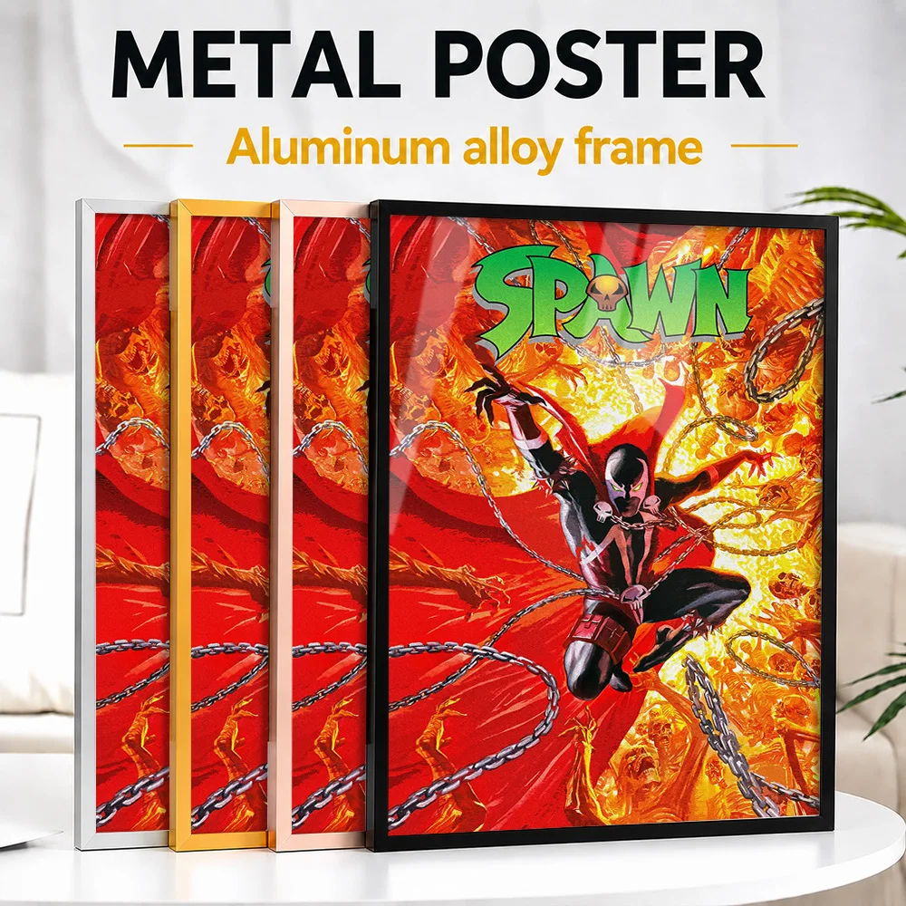 Spawn Fire And Chains Framed Aluminum Metal Poster Personalized Illustrated Wall Art For Reading Room, Comic Book Collector Gift