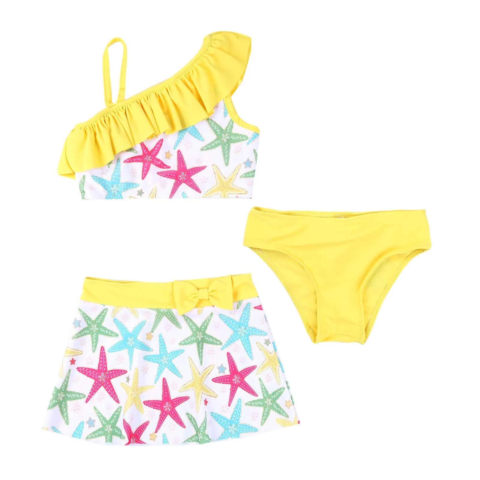 3Pcs Kids Girls Swimming Suit Ruffled Swimwear Floral Print Crop Tops Skirt Briefs Swim Set for Beach Pool Swimsuit Bathing Suit