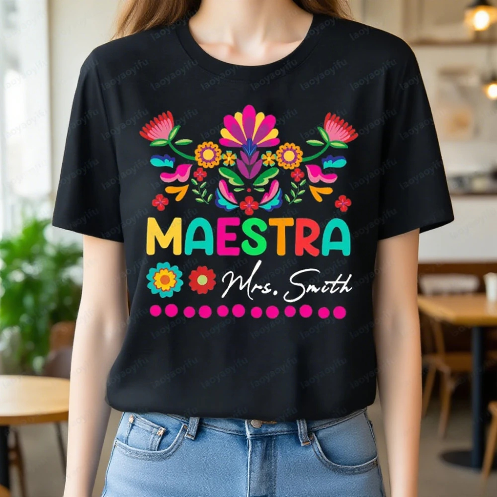 

Персонализированная футболка для учителя Maestra, рубашка для учителя испанского языка, футболка с мексиканским цветком, футболка с аутизмом, женские топы