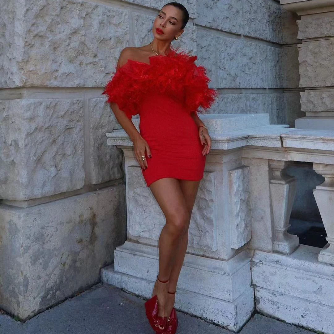 

Women's clothing Sexy Off Shoulder Ruffle Feathers Mini Dress Red Asymmetric Ruffle Celebrity Party High quality sheath dress