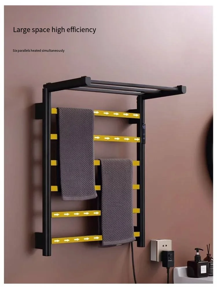 Modern Wall-mounted Intelligent Black Bath Towel Warmer Rack Electric Heating Thermostatic Design Gold Color Stainless