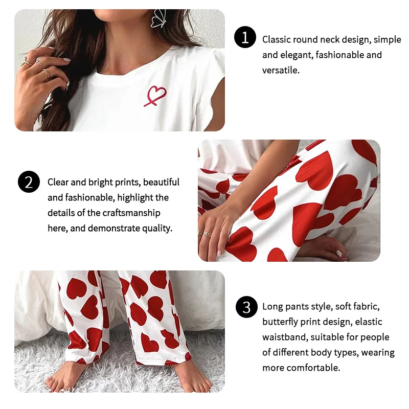 Heart & Letter Printed Womens Pajama Pj Set Soft Short Sleeve Tops & Elastic Waist Pants Pyjama Pijama Femme Casual Home Clothes