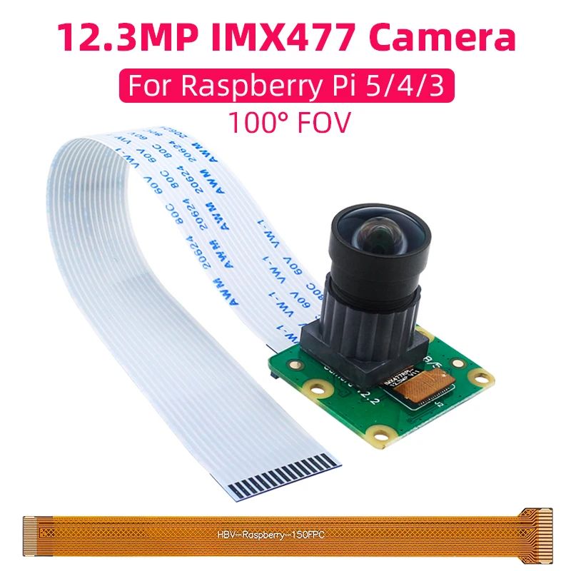 

Камера Raspberry Pi 12,3 МП, датчик IMX477 100 ° FOV WEBCAM с плоским кабелем для Raspberry Pi 5 4B 3B+ 3B Zero 2 Вт Nvidia Jetson Nano