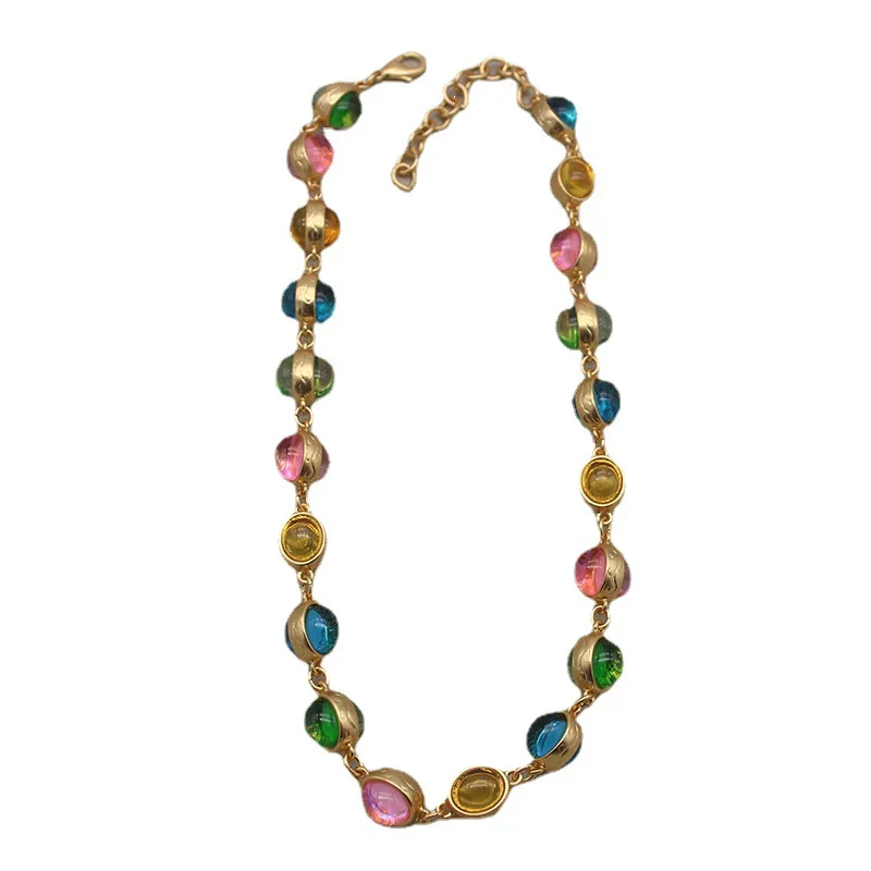 Retroniche Style Colorful Glass Necklace, Real Gold Plated Small Round Sugar Contrast Color Bracelet, Universal Chain