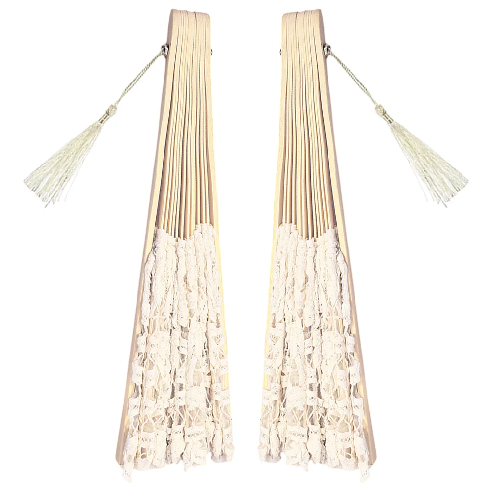 

Vintage Lace Handheld Fan 2Pieces Foldable Fan With Tassel Cotton Fabric Elegant Fan For Wedding Dance Performance Stage