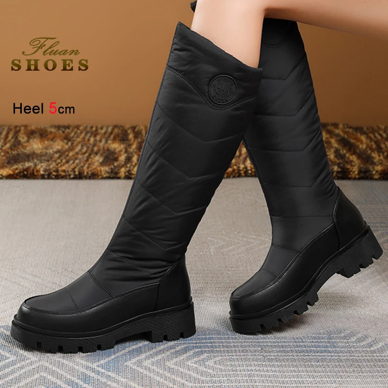 

2025 New Fall Winter Black Women's Snow Boots Round Toe Knee High Boots Chunky Sloping Heels 5cm Thick Fur Warm Shoes Size 35-44