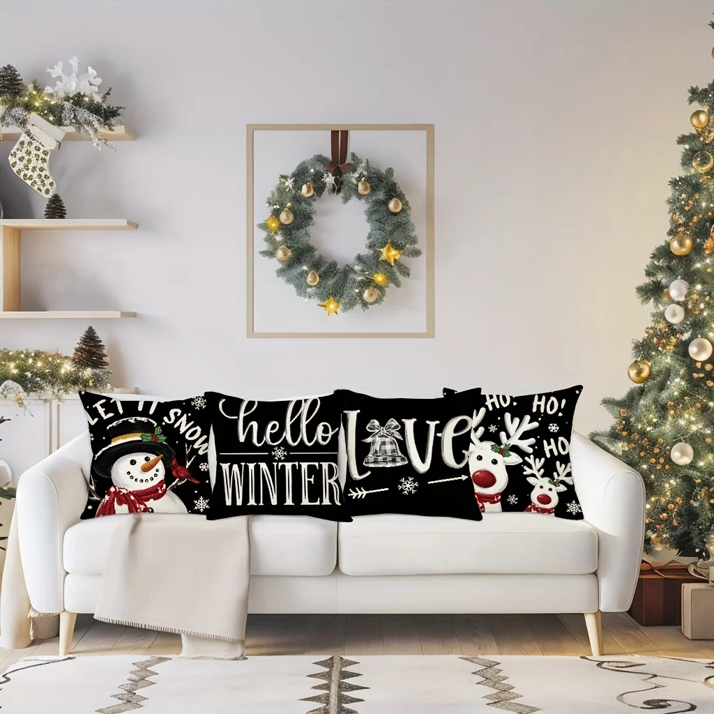 4pcs Merry Christmas Throw Pillow Covers 18x18 Inch - Snowman, Elk, Love Hello Winter Designs, Farmhouse Holiday Decor