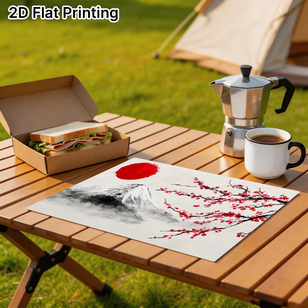 2D Flat Printing Placemats, Mountain and Cherry Blossom Landscape Design, Machine Washable, Rectangular Placemats