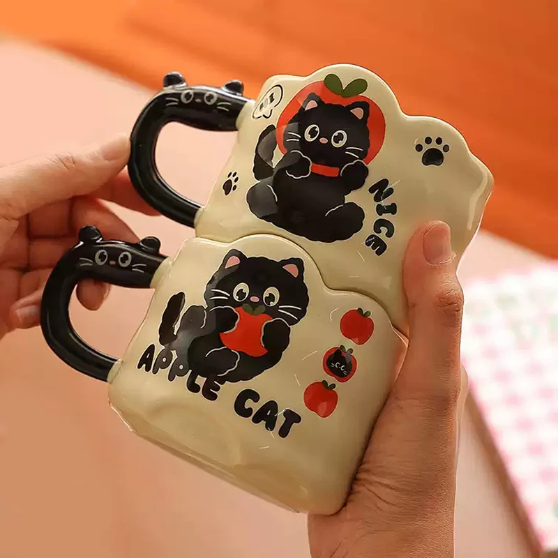 4 Kitty Design Creative Stacking Cute Cup High Beauty Ceramic Water Cup for Office Kittens Makeup Cup with Hand Gift Birthday